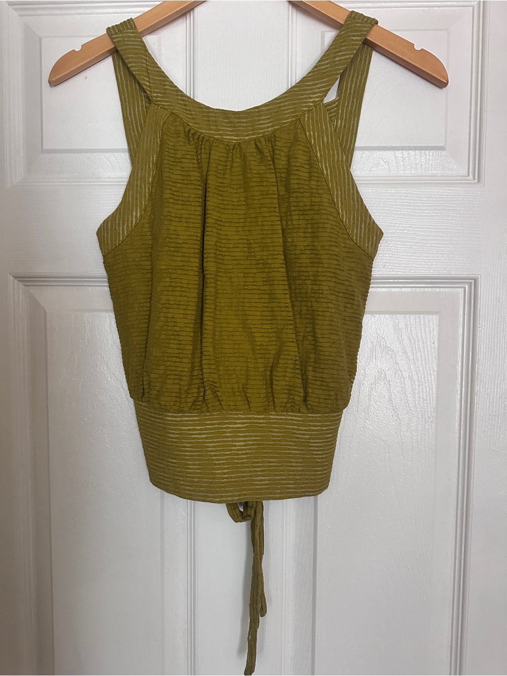 Anthropologie Olive Green Sleeveless Top with Crisscross Back and Cinched Waist